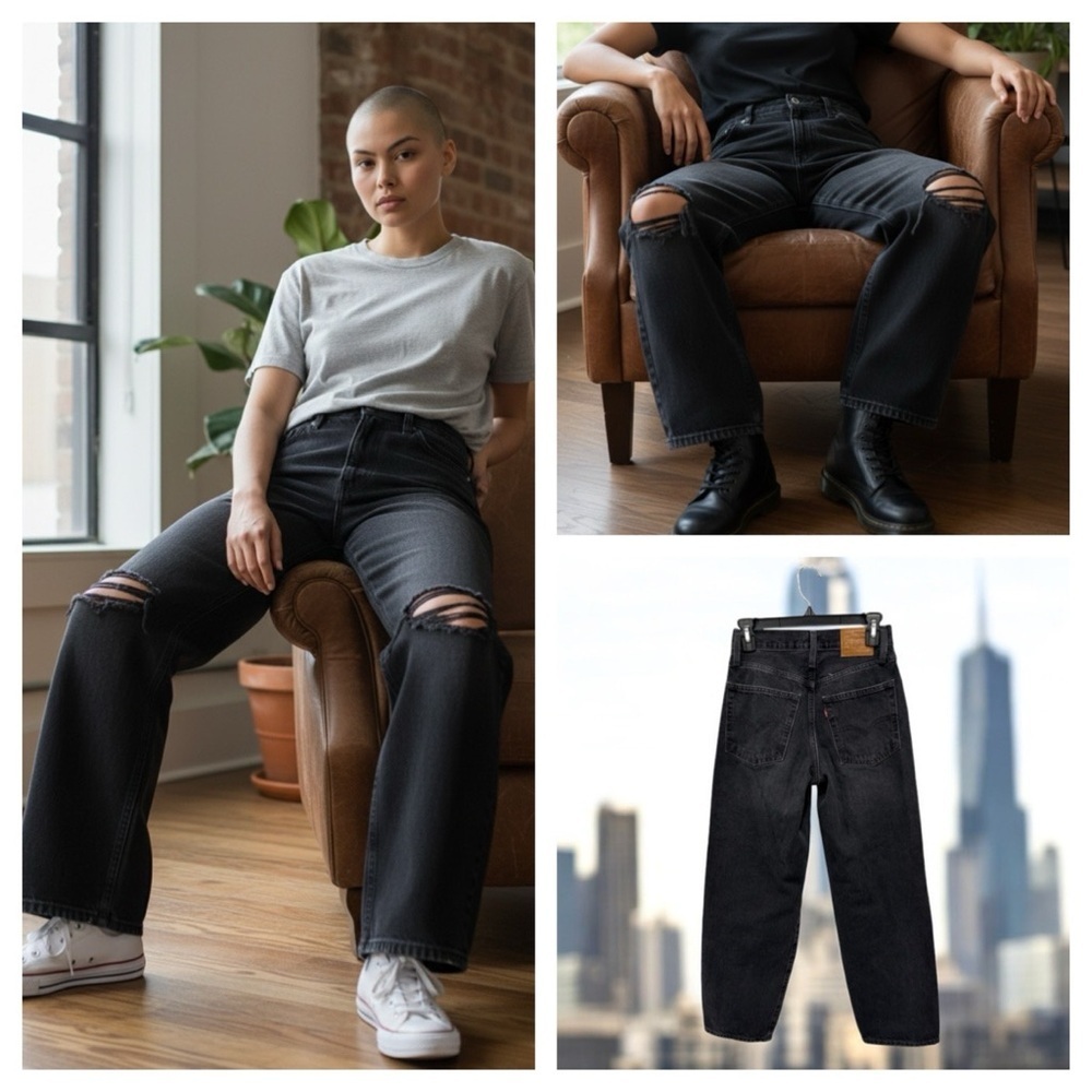 Levi's Baggy Dad Jeans Women’s 24 Black 100% Cotton Y2K Straight Grunge Distress